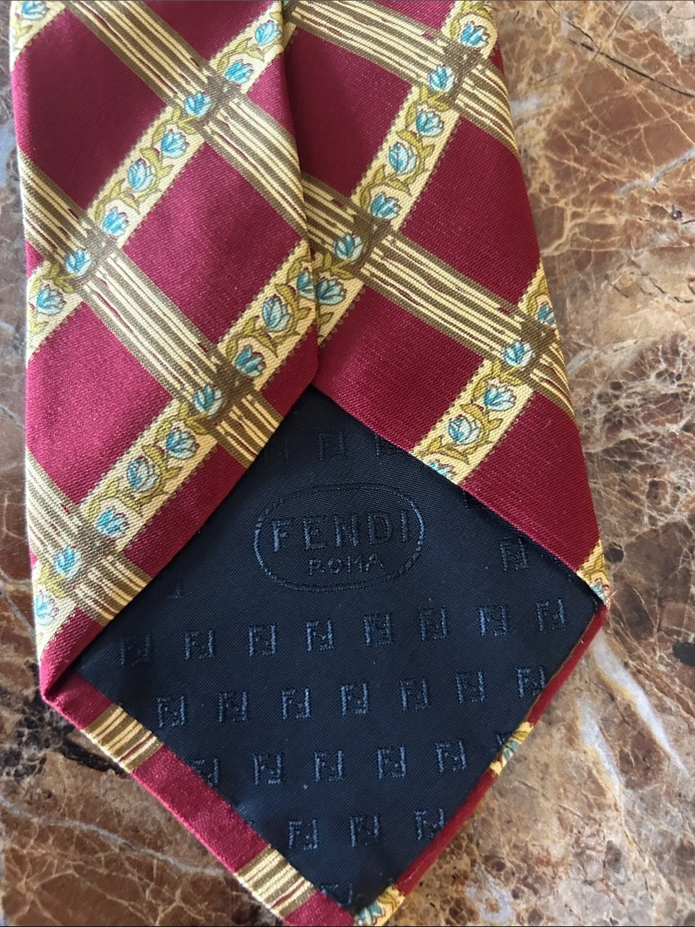 FENDI Burgundy Patterned Silk Tie with Gold Lattice